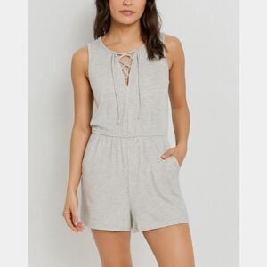 TACERA French Terry Sleeveless Beige Summer Romper, Tie Neck Front, Pockets, M,